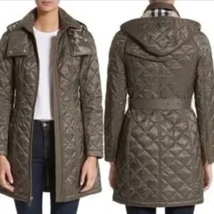 Burberry BRIT Nylon Diamond Quilted Belted & Hooded Parka - Olive